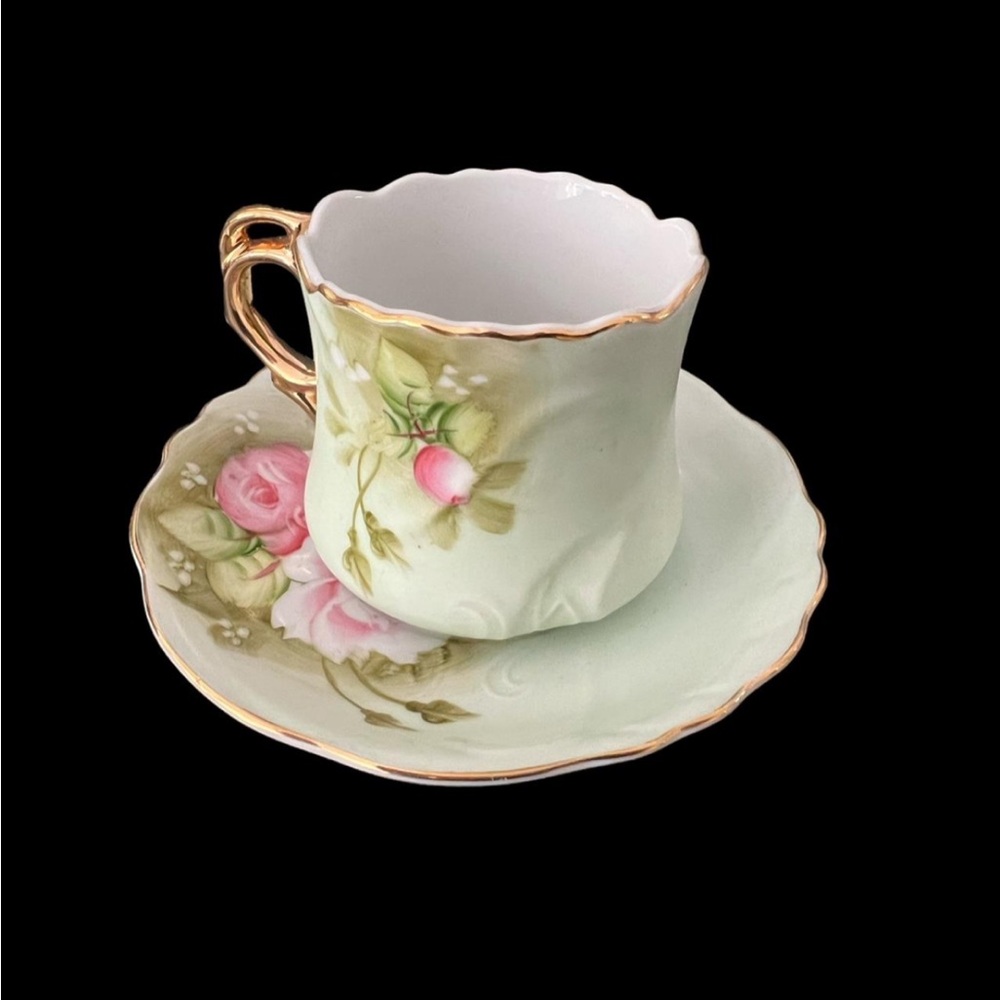 Lefton "Green Heritage" Hand-Painted Roses Cup & Saucer | Gold Trim | Vintage